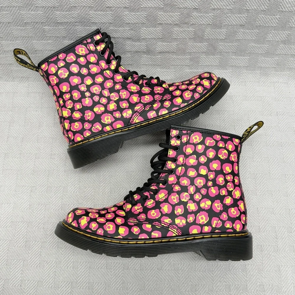 Dr. Martens 1460 J Boots Teens Size 3 Black Pink Leopard Ankle Combat 1460J‎
